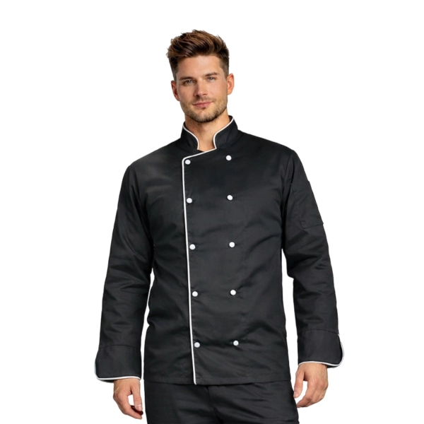 Bluza kucharska czarna długi rękaw lamówka biała roz.3XL – bluza kucharska – odzież gastronomiczna
